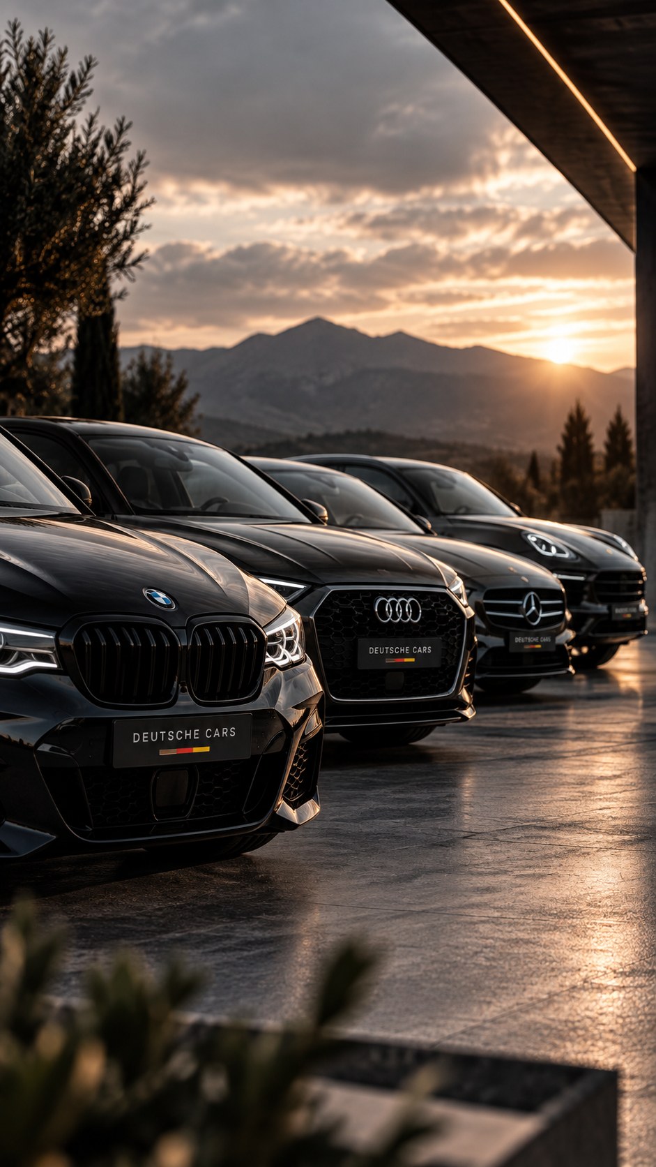 BMW, Audi, Mercedes y Porsche de Deutschecars alineados al atardecer