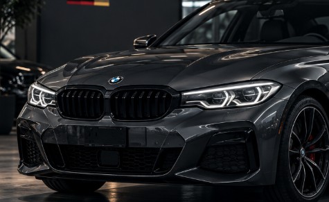 BMW gris en el expositor, bajo el rótulo «Premium cars from Germany»