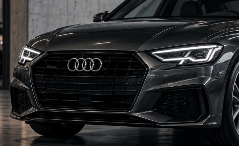 Audi gris en nave de hormigón, bajo el rótulo «German engineering, real opportunities»